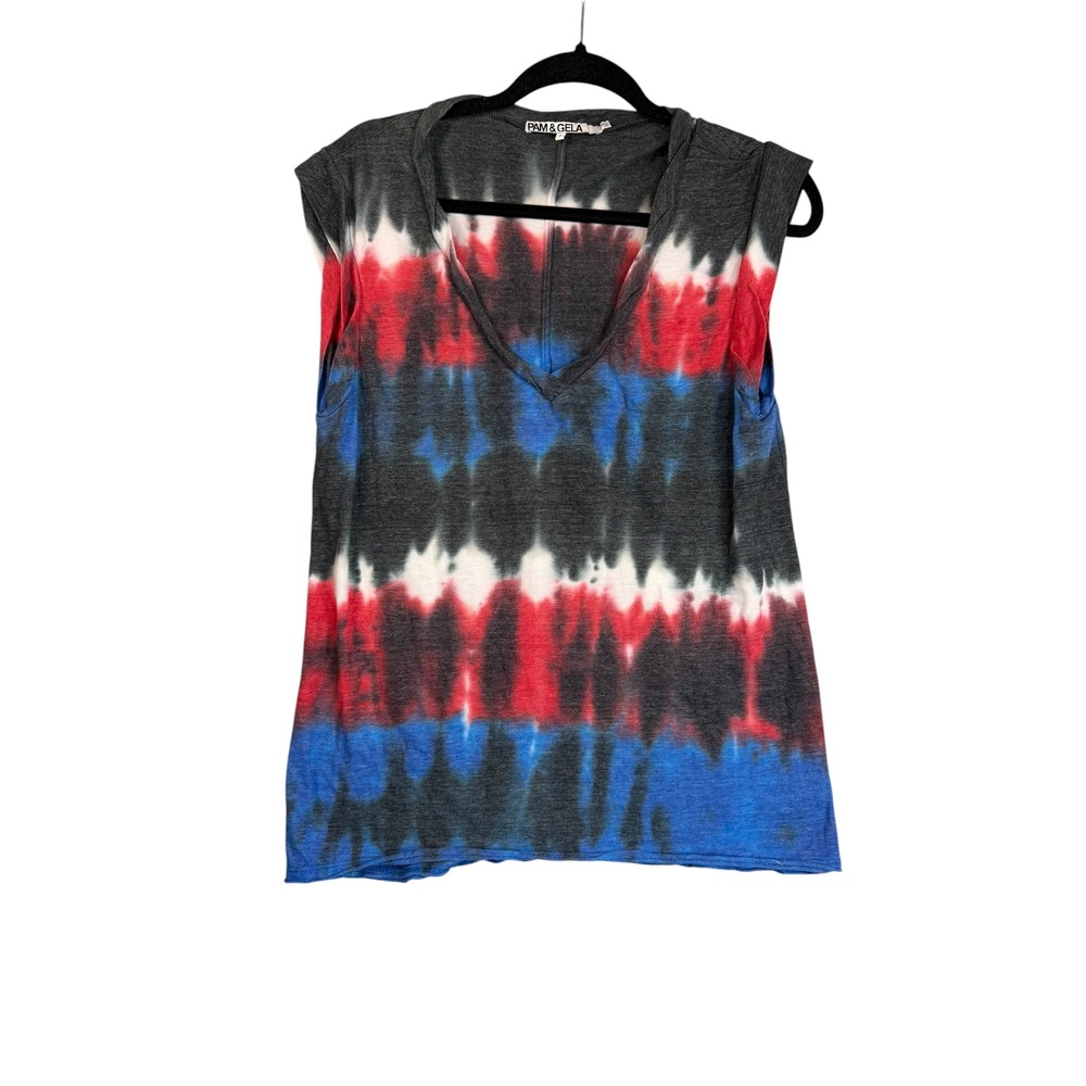 Pam & Gela Tie Dye V-Neck Muscle Tank Top Red White Blue Striped Size P Small‎
